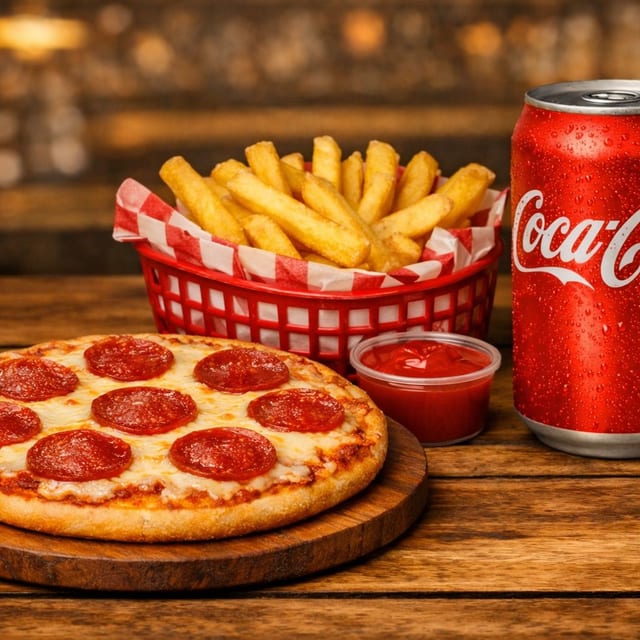 Jr Pizza 2-Top, Fries, Soda.