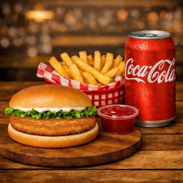Jr Crisp Chicken Burger, Fries, Soda.