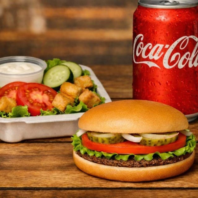 Jr Vegan Burger, Salad, Soda.