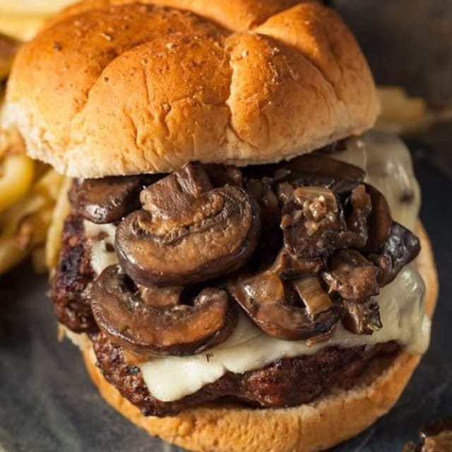 Vegan Swiss Mushroom Burger:.