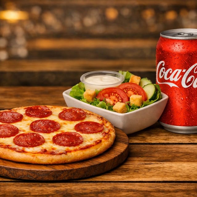 Jr Pizza 2-Top, Salad, Soda.