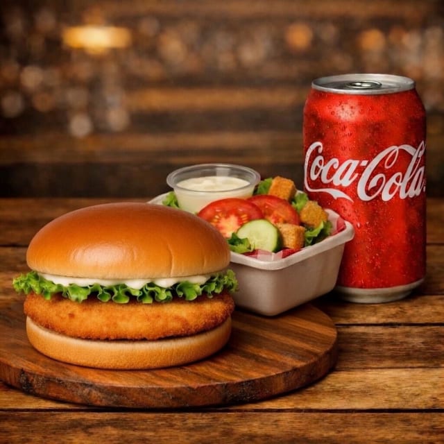Jr Crisp Chicken Burger, Salad, Soda.