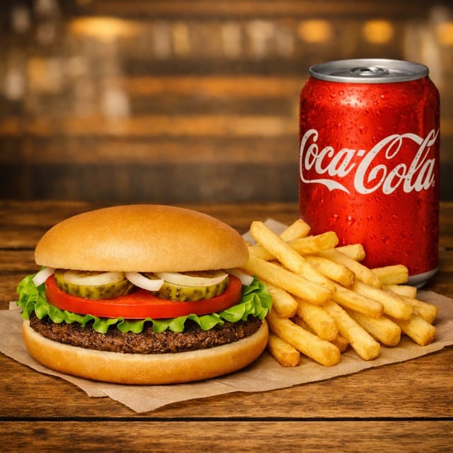 Jr Vegan Burger, Fries, Soda.