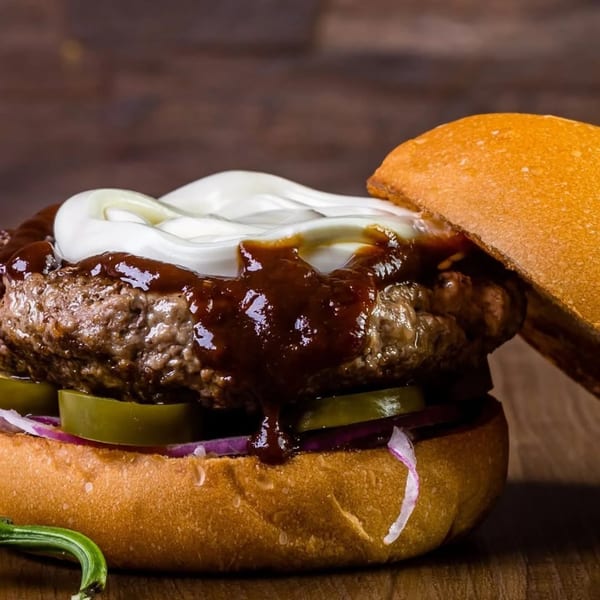 Close-up of a Burganic Hub burger with a thick patty, BBQ sauce, mayonnaise, pickles, and red onion.