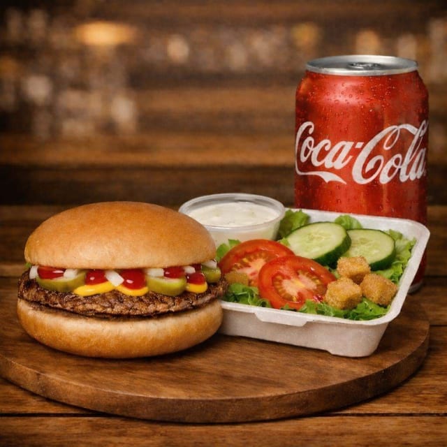 Jr Hamburger, Salad, Soda.