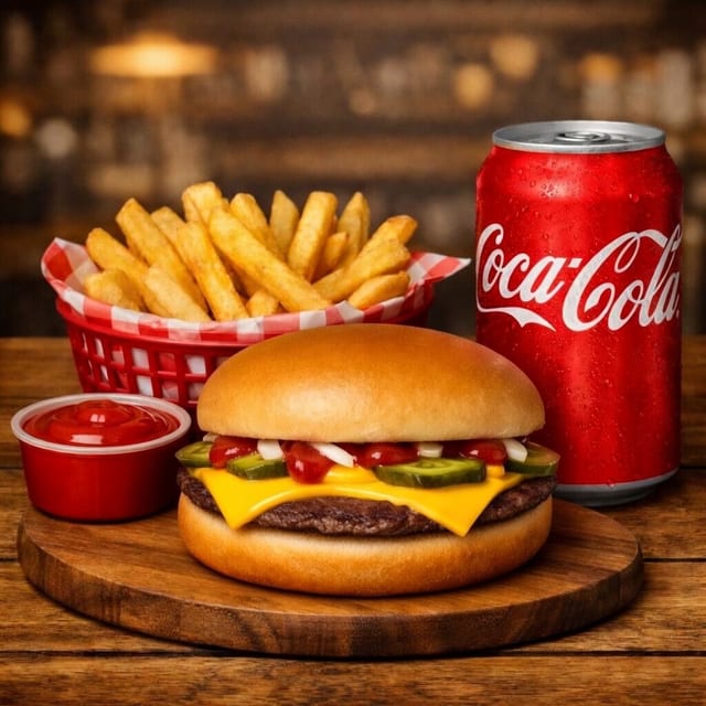 Jr Cheeseburger, Fries, Soda.