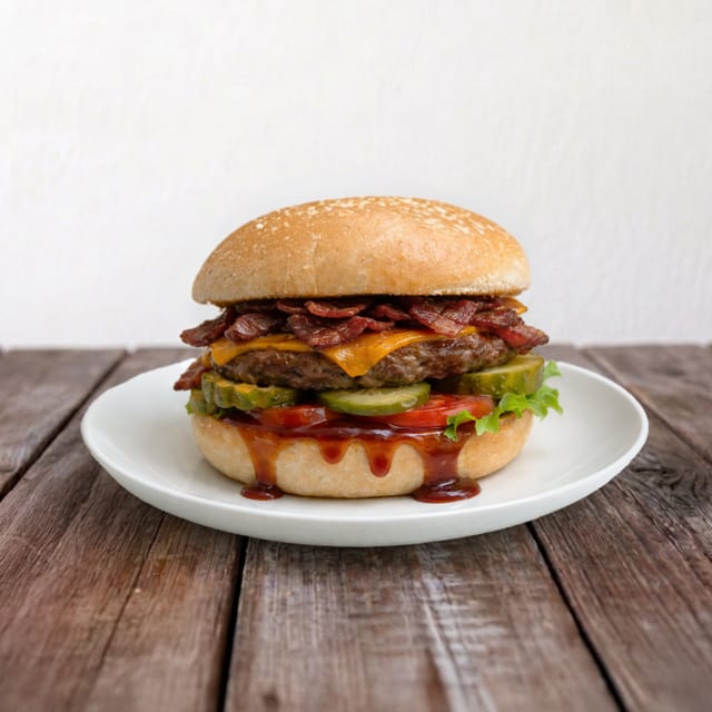 Beef BBQ Bacon Cheese Burger:.