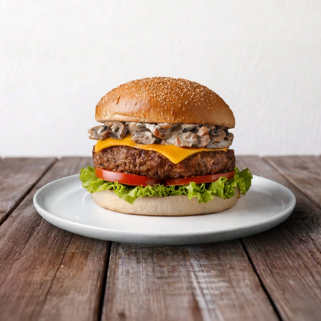 Vegan Swiss Mushroom Burger:.