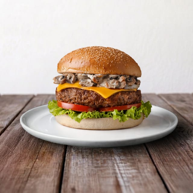 Vegan Swiss Mushroom Burger:.