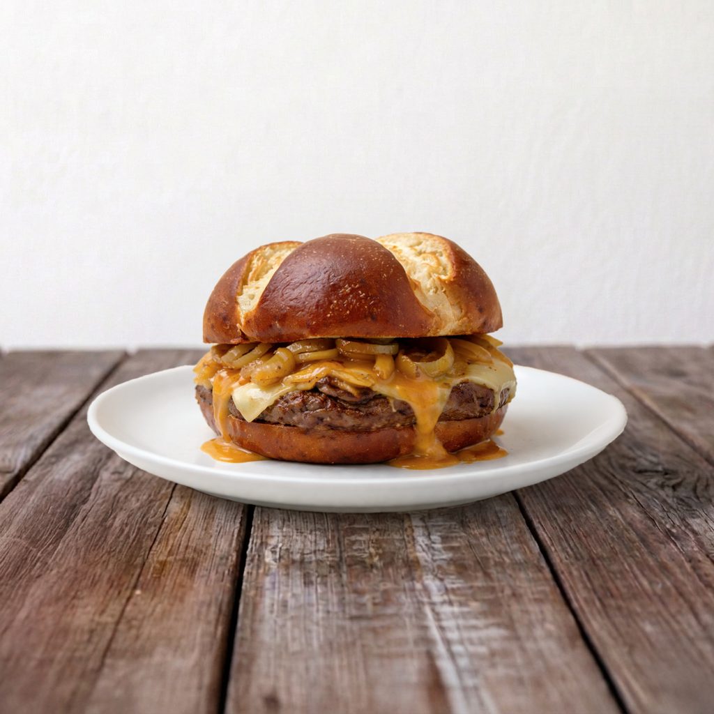Honey Swiss Pretzel Burger:.